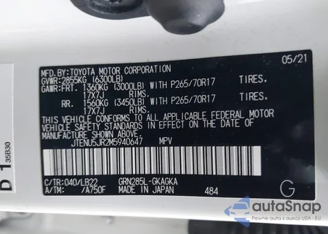 2021 Toyota 4Runner Sr5 Premium z USA, uszkodzony, nr VIN JTENU5JR2M5940647